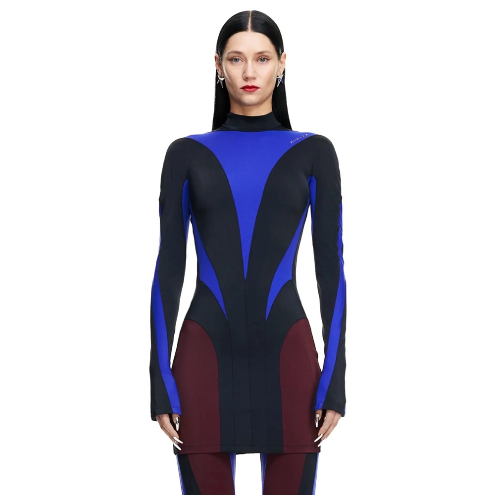 H&M X Mugler black/blue spiral-panelled mini dress